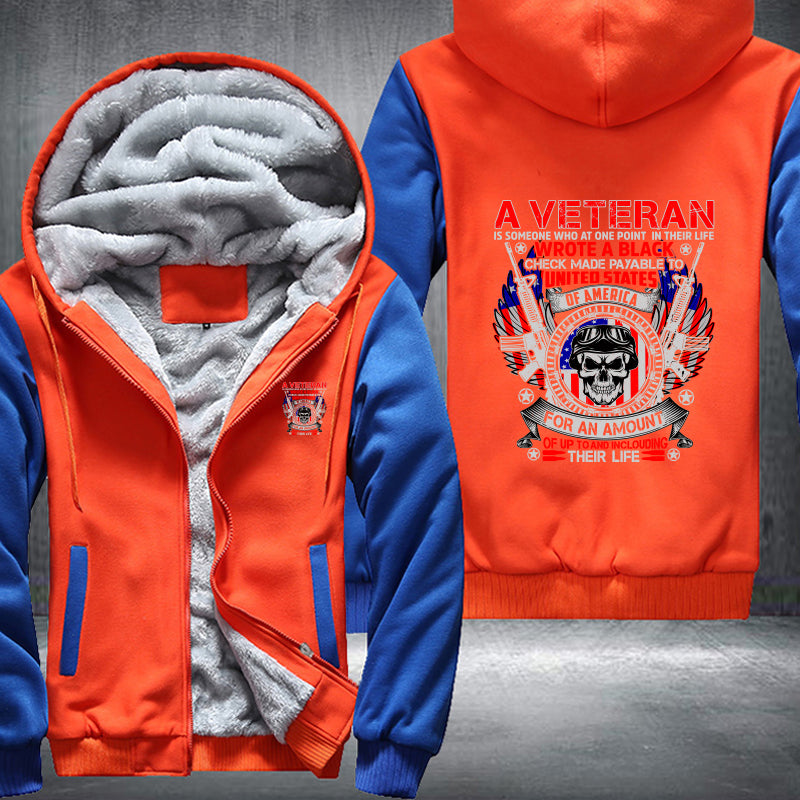 A Veteran Wrote a Blank Check fleece jacket in Orange Blue, product view