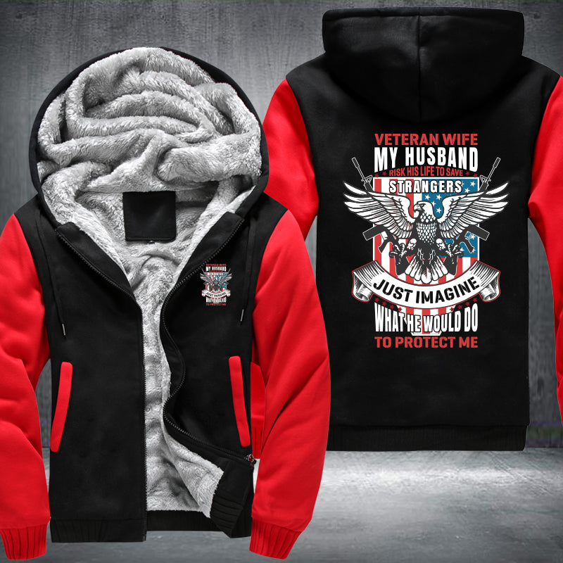Veteran Wife My Husband Is My Hero fleece jacket in Black Red, product view