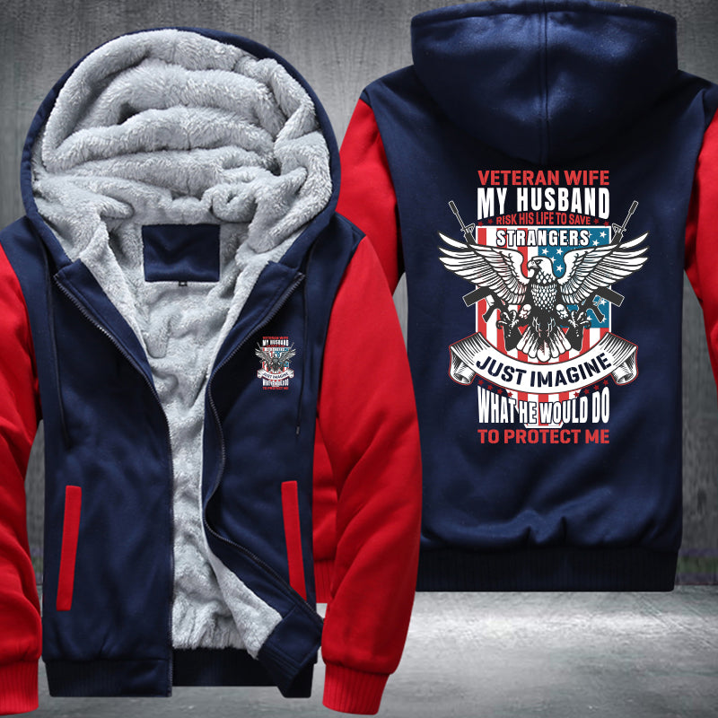 Veteran Wife My Husband Is My Hero fleece jacket in Blue Red, product view
