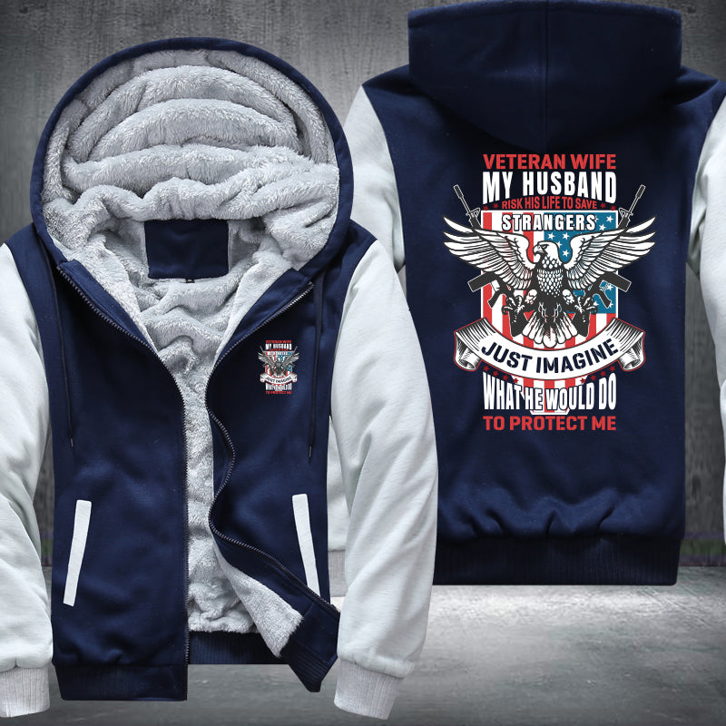 Veteran Wife My Husband Is My Hero fleece jacket in Blue White, product view
