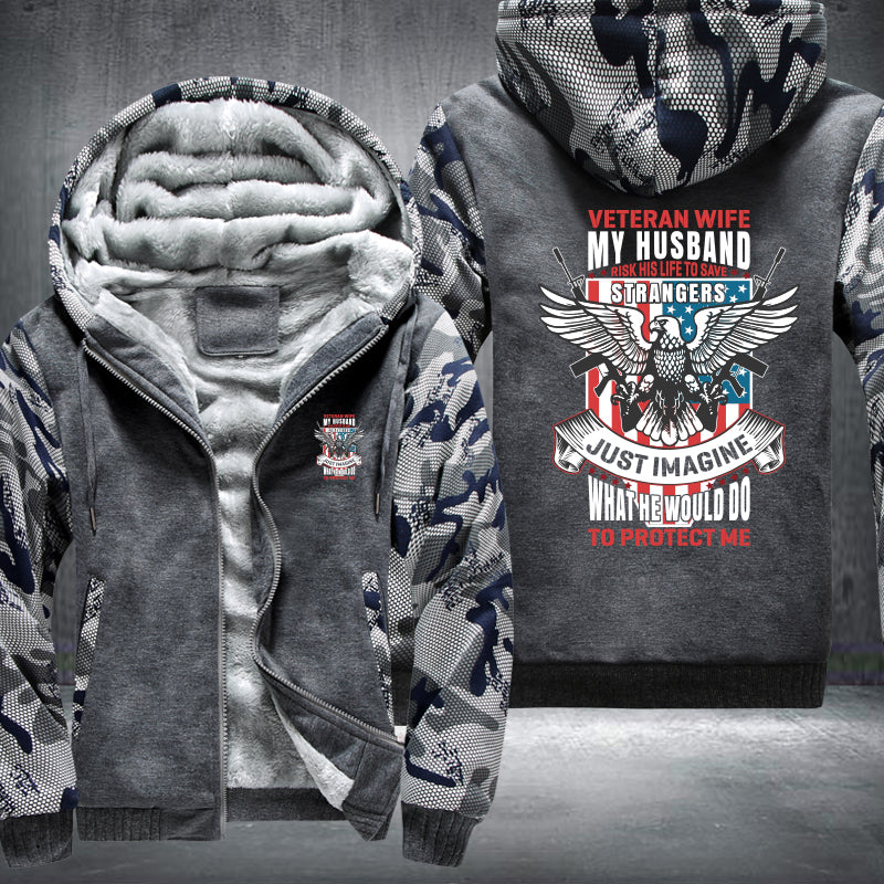 Veteran Wife My Husband Is My Hero fleece jacket in Grey Camo, product view