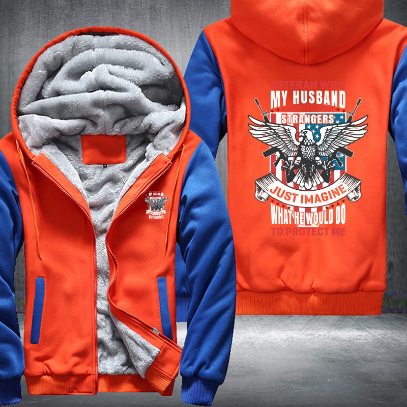 Veteran Wife My Husband Is My Hero fleece jacket in Orange Blue, product view