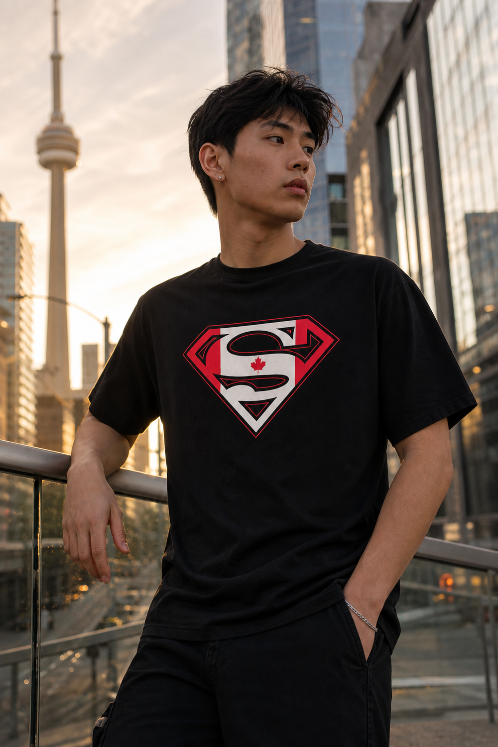 Model wearing Superman Canadian Flag Logo Black Tshirt, three-quarter view
