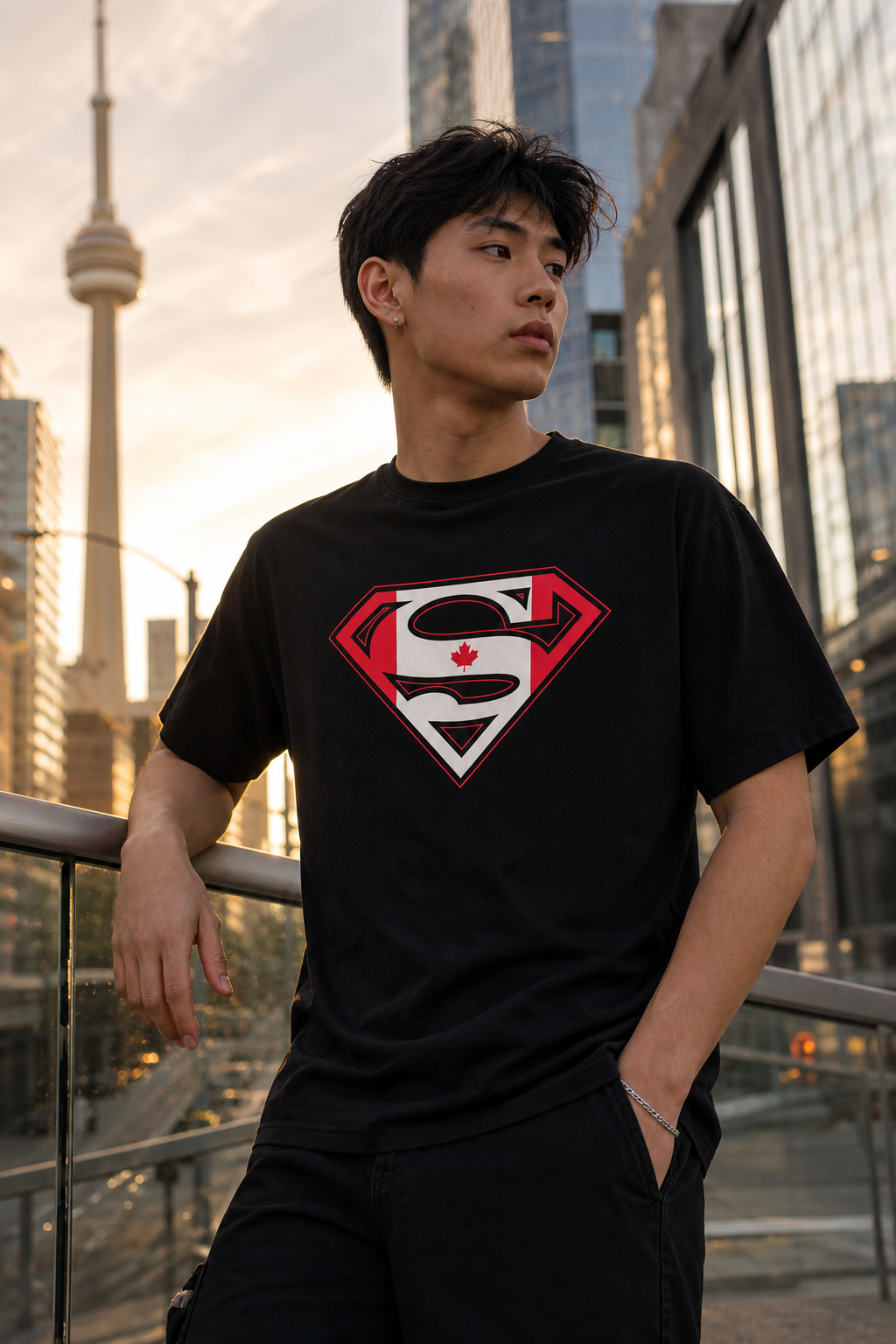Model wearing Superman Canadian Flag Logo Black Tshirt, three-quarter view