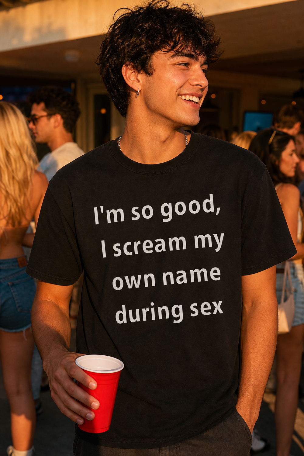 Model wearing "I'm so Good, I Scream My Own Name During Sex" Tshirt, three-quarter view