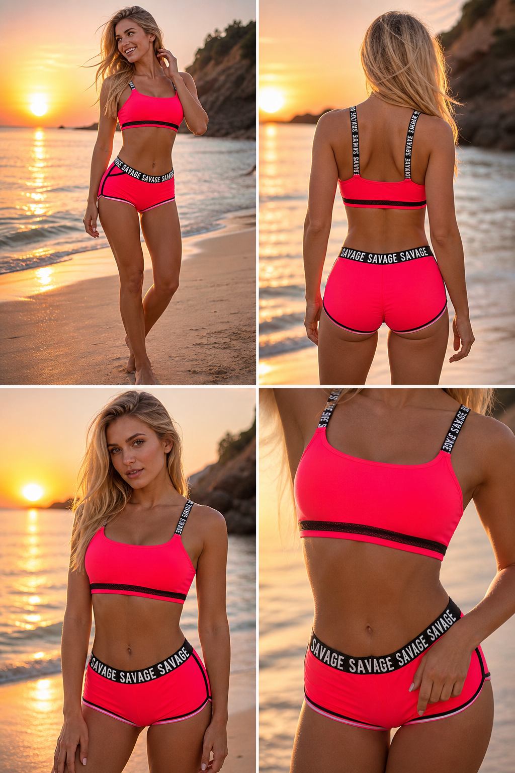 Model wearing Mid-waist wire free Sport Swimsuit Bikinis Set, full-body view
