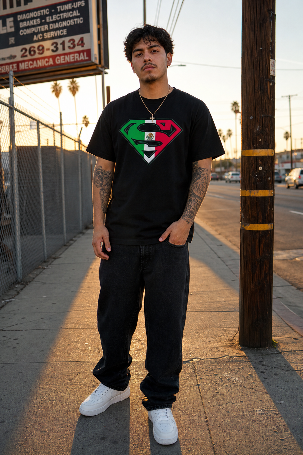 Model wearing Superman Mexican Flag Logo Black Tshirt, full-body view