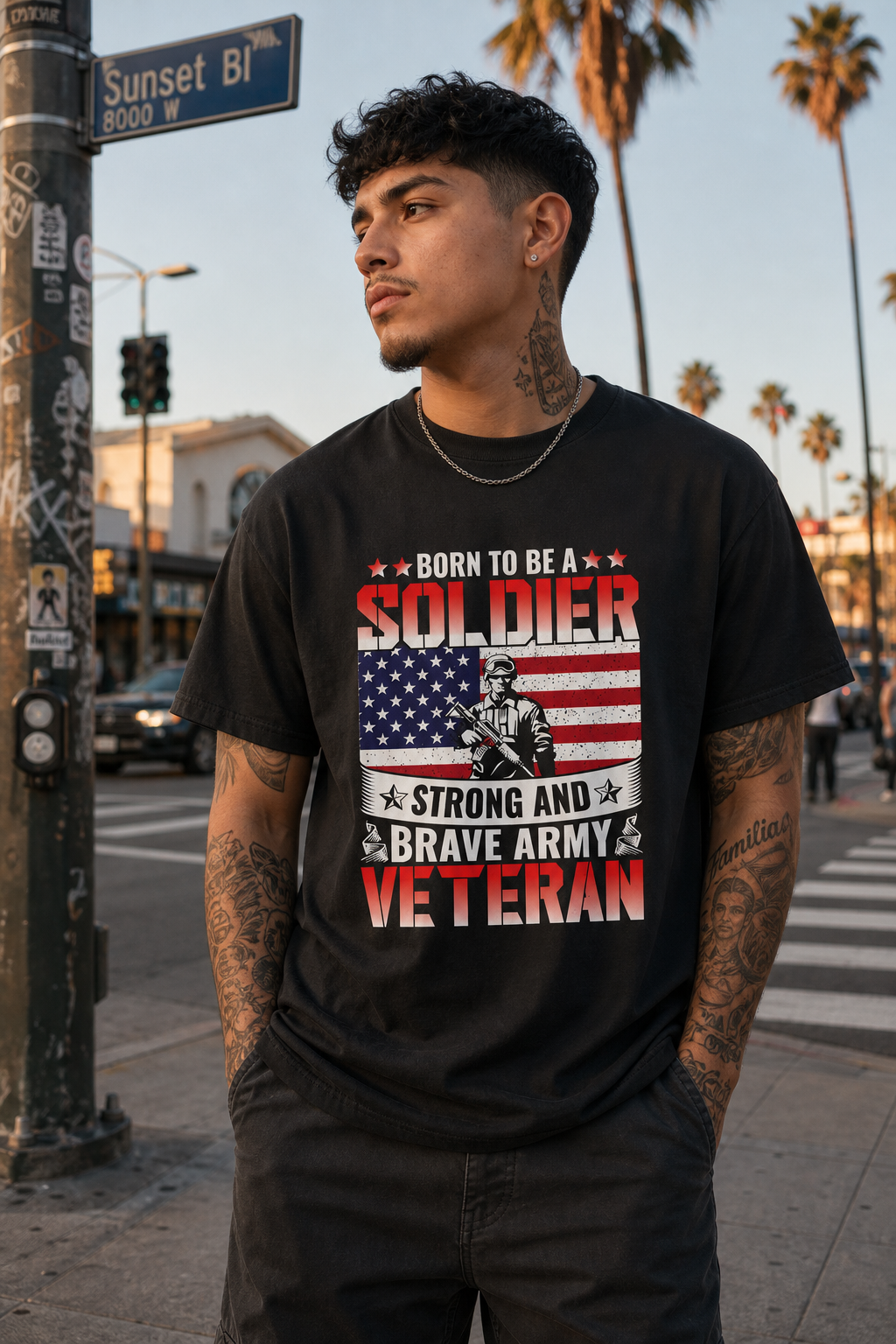 Model wearing Born to Be a Soldier Army Veteran Graphic T-Shirt – Military Gift, three-quarter view