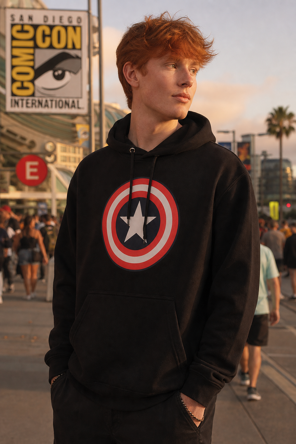 Model wearing Captain America Shield Logo Hoodie Hoody Sweatshirt, three-quarter view