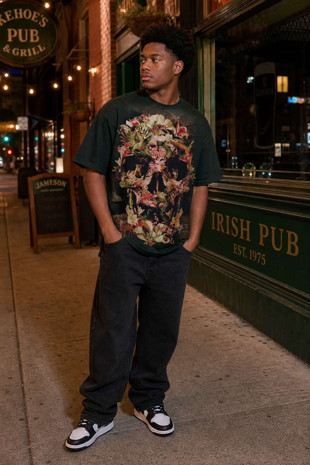 Model wearing 3D Allover Oversize Print Jungle Skull Tshirt, three-quarter view