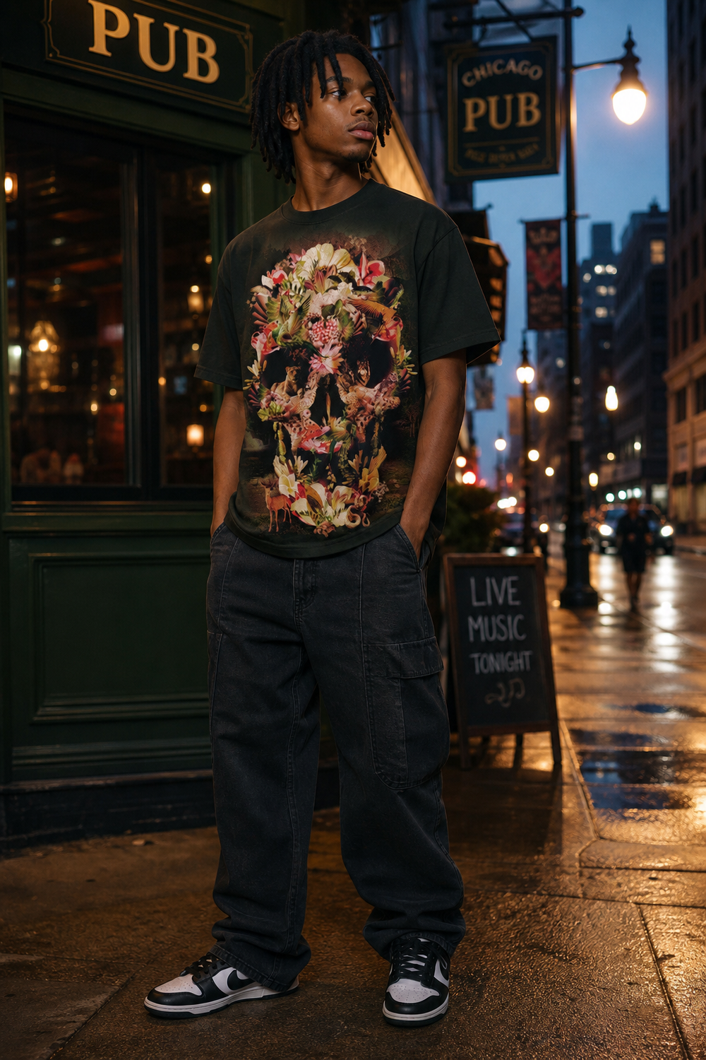 Model wearing 3D Allover Oversize Print Jungle Skull Tshirt, full-body view