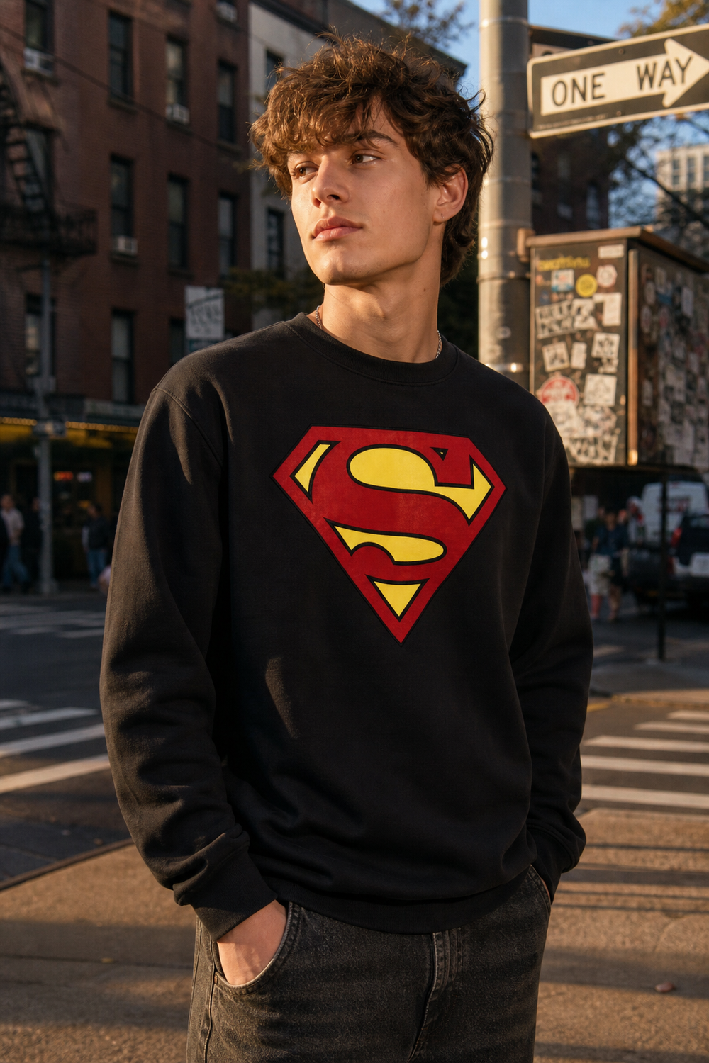 Model wearing Superman Classic Logo Black Crewneck Sweatshirt, three-quarter view
