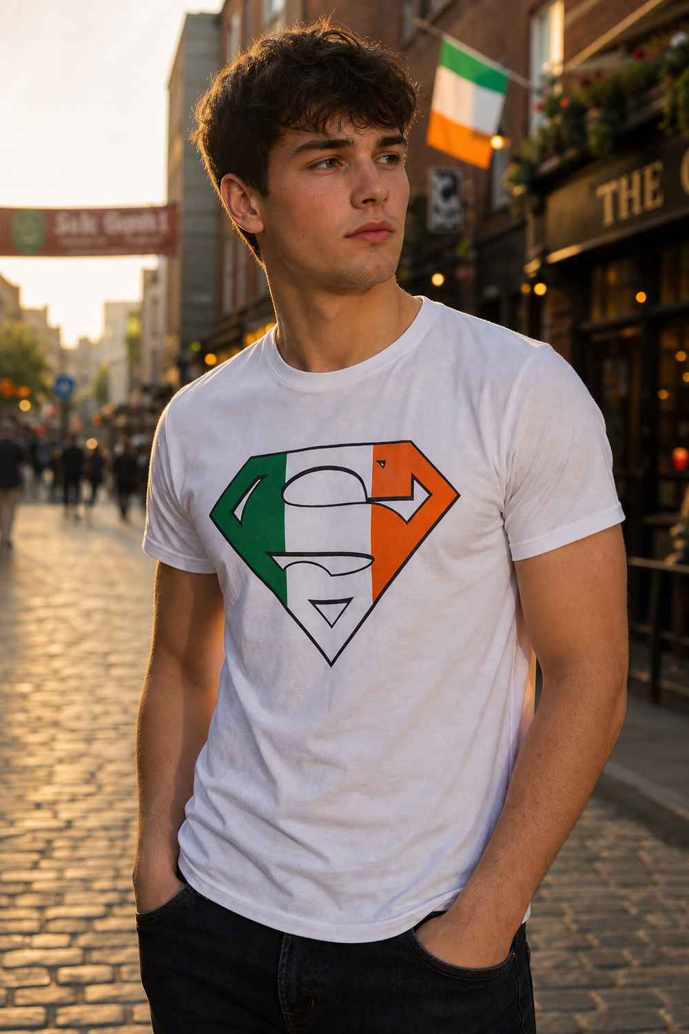 Model wearing Superman Irish Flag Logo White Tshirt, three-quarter view