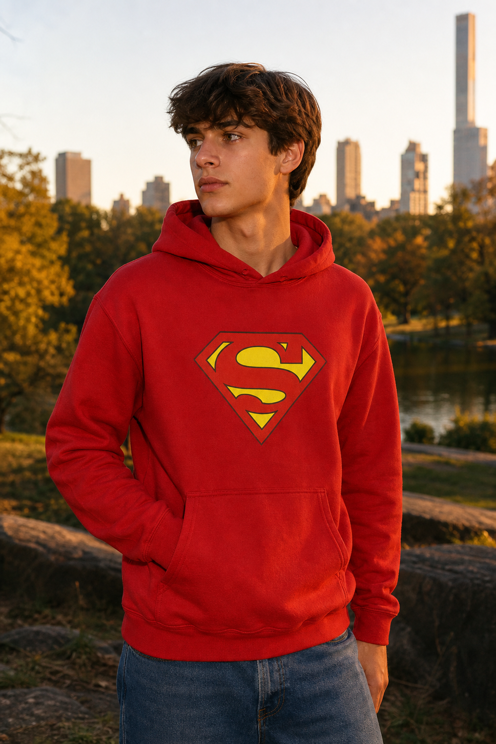 Model wearing Superman Logo Red Hoody Hoodie, three-quarter view
