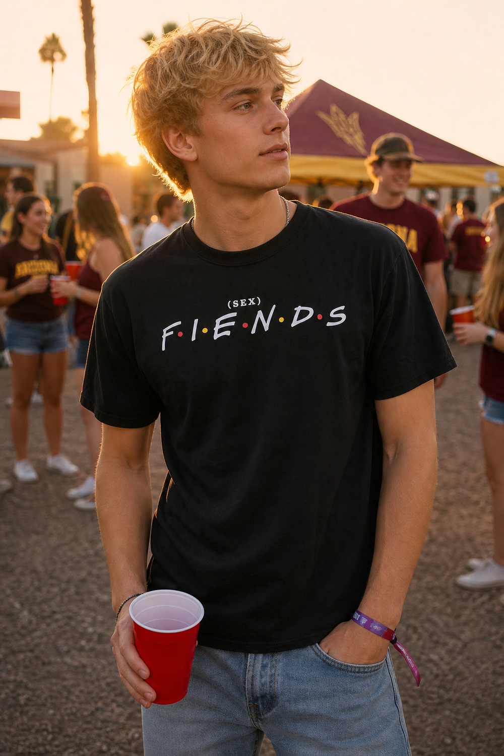 Model wearing (Sex) F-I-E-N-D-S Friends Logo Spoof Black Colored Tshirt Size XL, three-quarter view