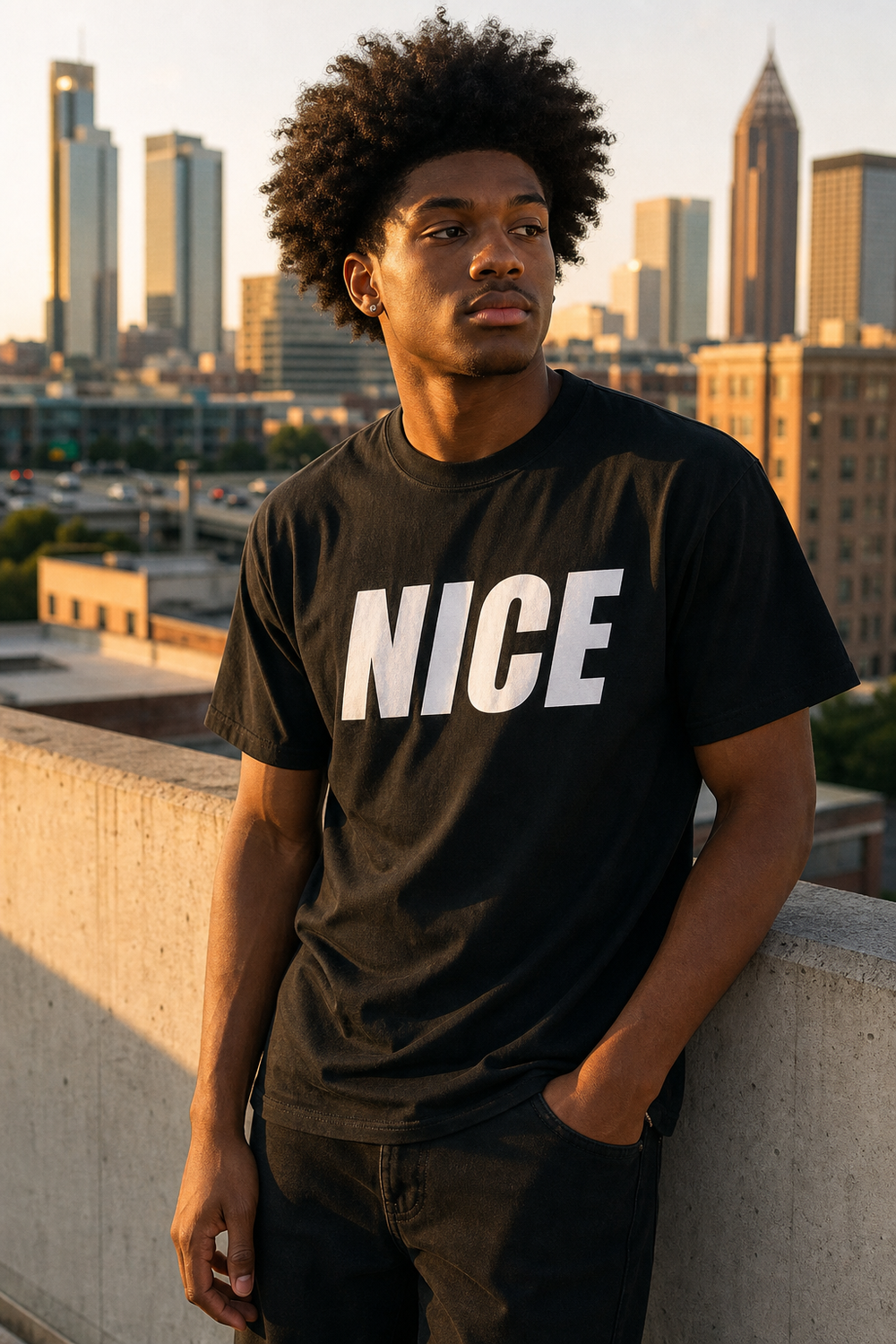 Model wearing "Nice" Tshirt - Black, three-quarter view