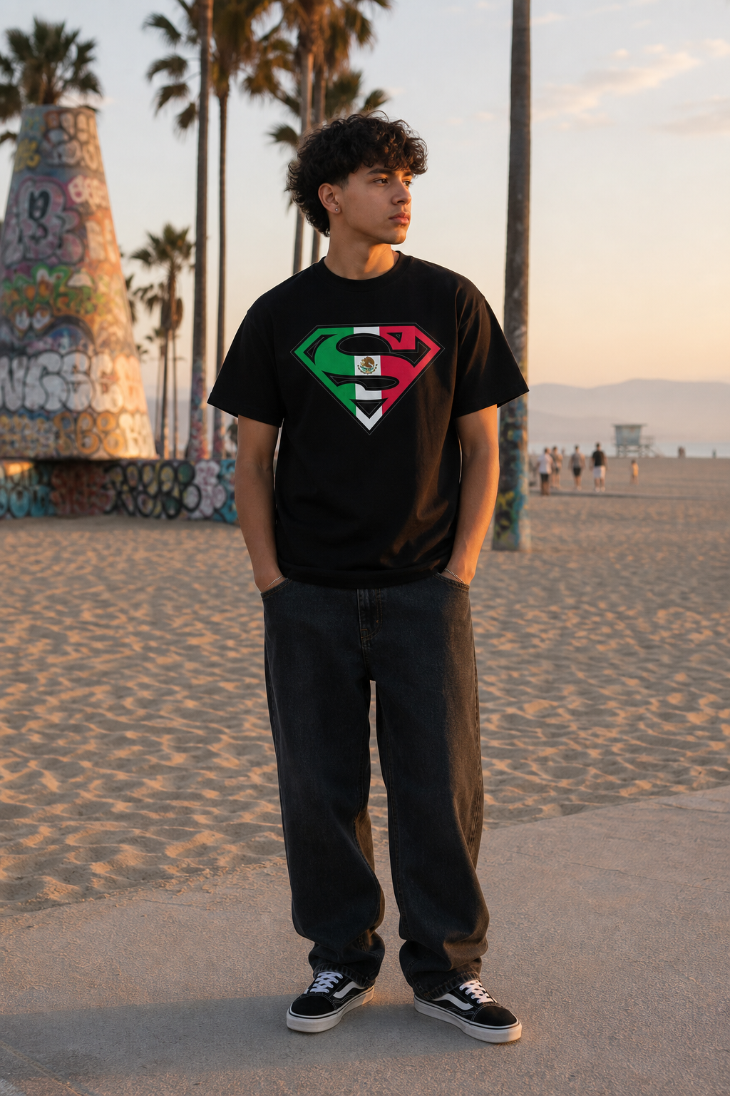 Model wearing Superman Mexican Flag Logo Black Tshirt, full-body view