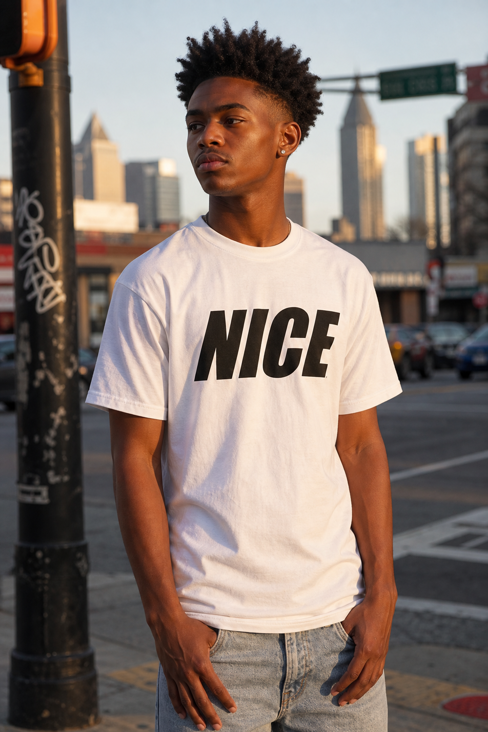 Model wearing "Nice" Tshirt - White, three-quarter view