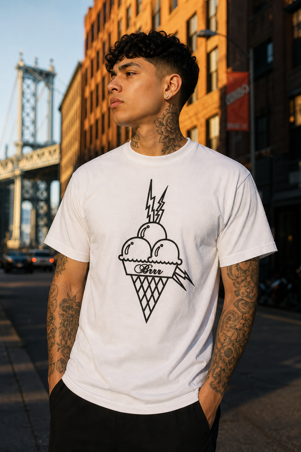 Model wearing 'Gucci Mane' Brrr Ice Cream Cone Tshirt, three-quarter view