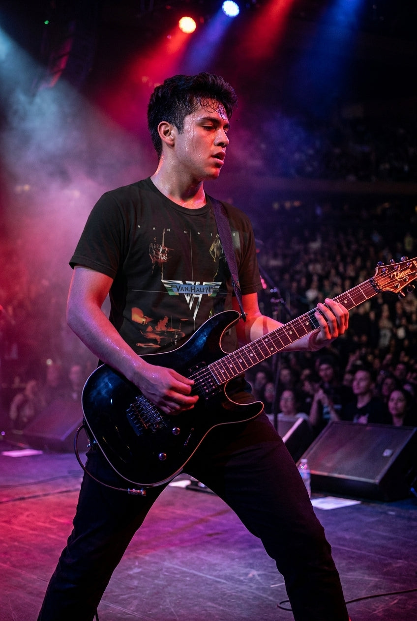 Model wearing Van Halen II Album Cover Tshirt, three-quarter view
