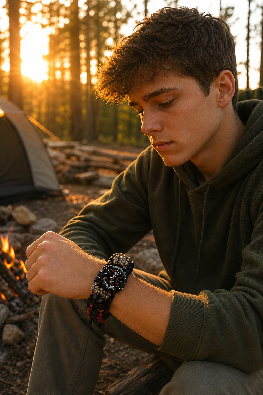 Multifunction 6 in 1 Survival Paracord Watch, in-use product photograph