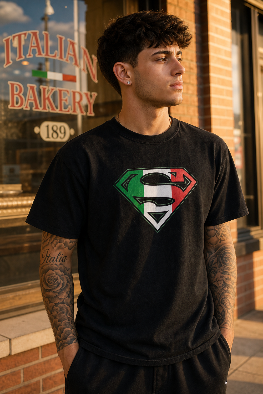 Model wearing Superman Italian Flag Logo Black Tshirt, three-quarter view
