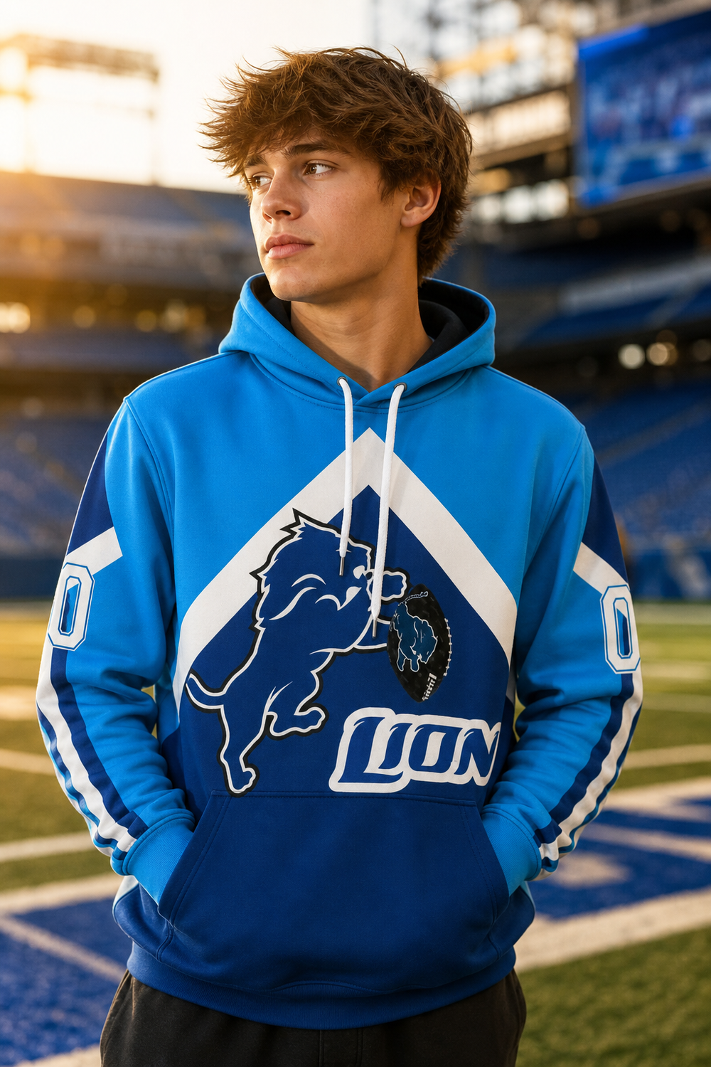 Model wearing Detroit Lions Allover 3D Print Hoodie, three-quarter view