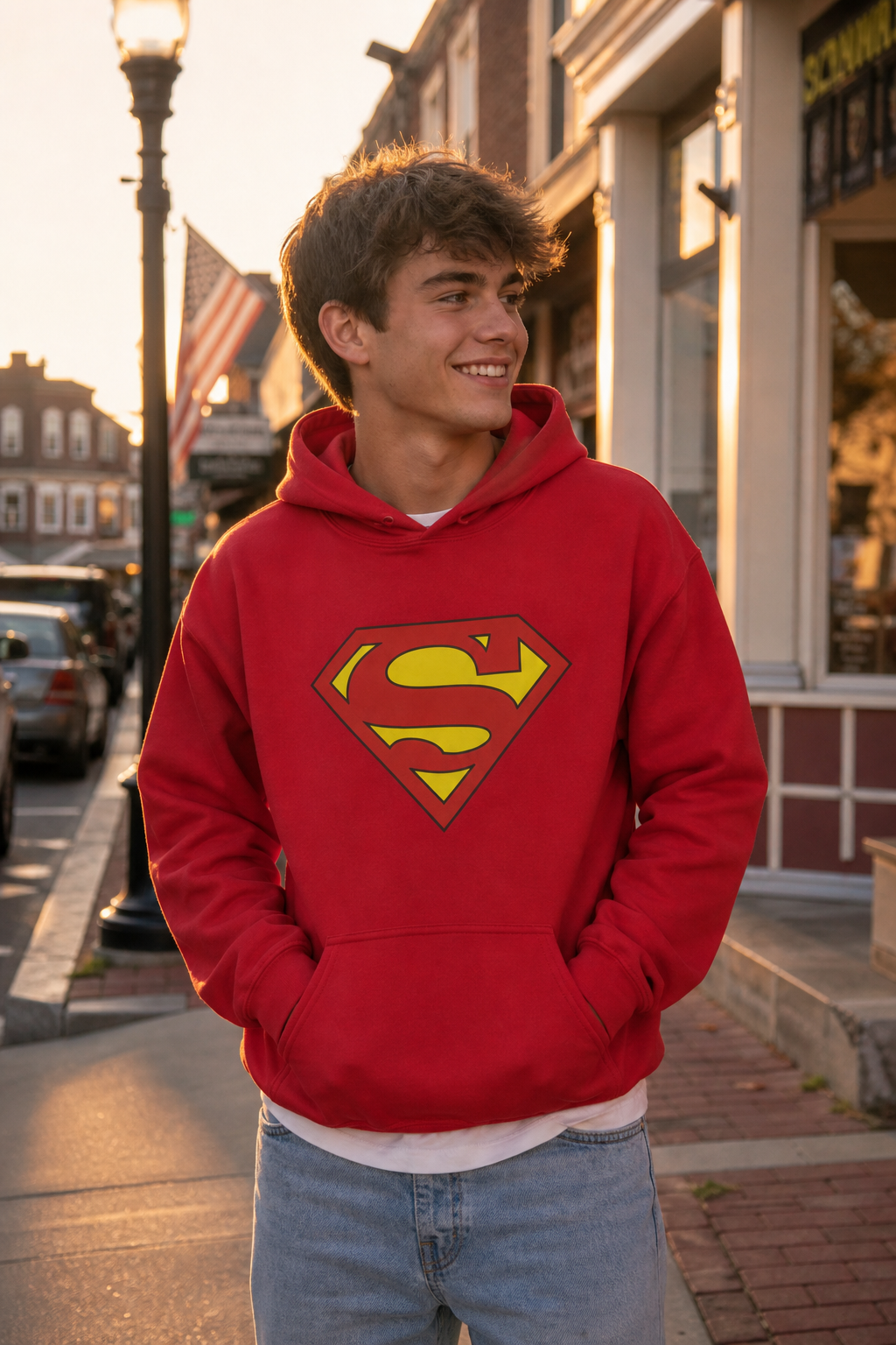 Model wearing Superman Logo Red Hoody Hoodie, three-quarter view