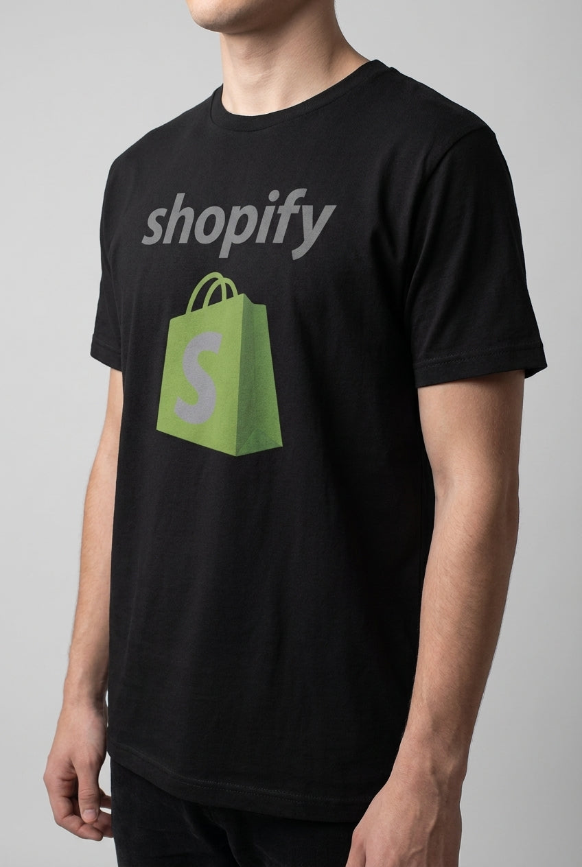 Model wearing Shopify TShirt, three-quarter view