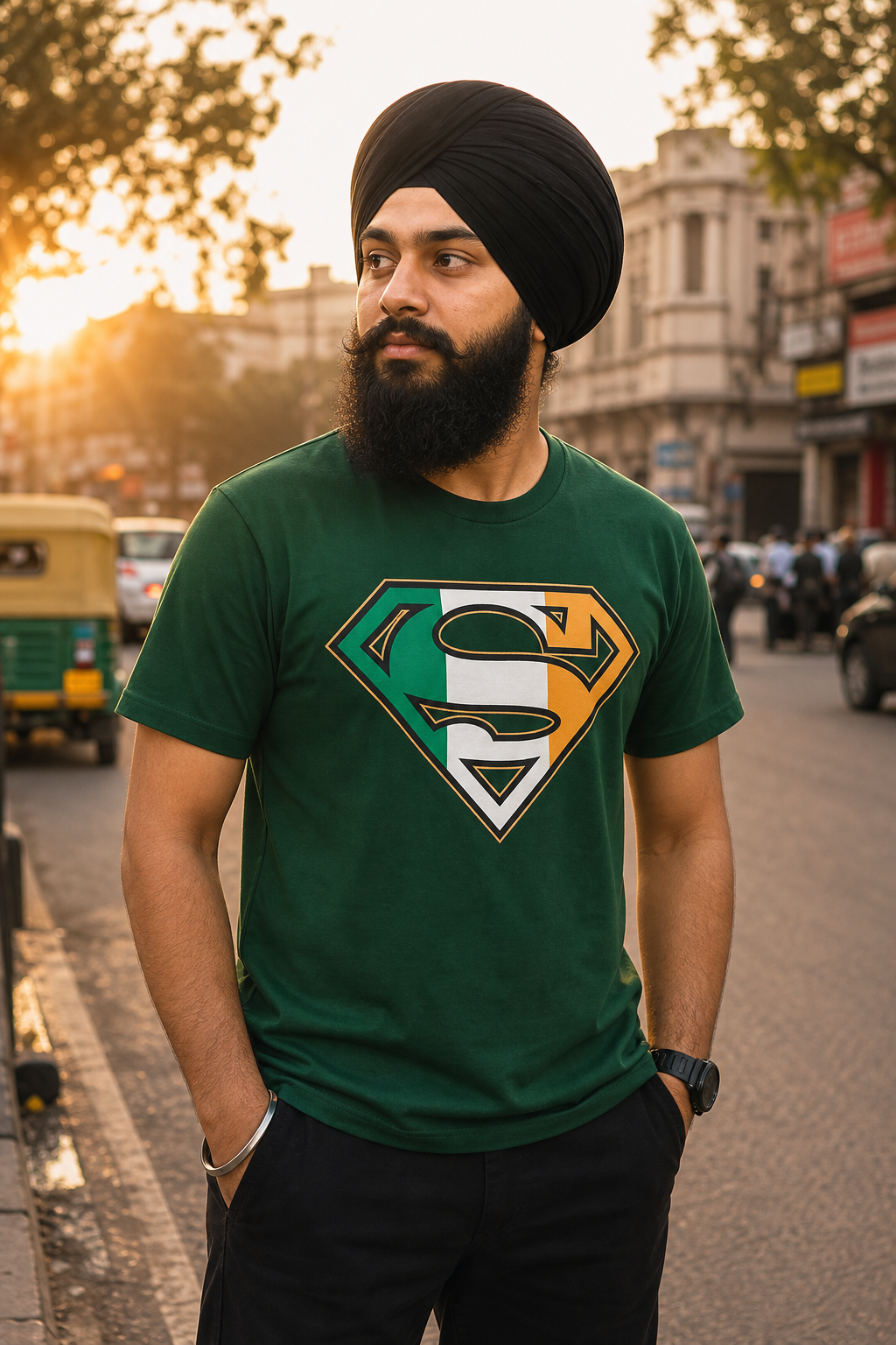 Model wearing Superman Irish Flag Logo Kelly Green Tshirt, three-quarter view