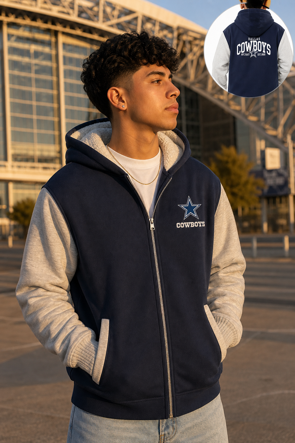 Model wearing NFL DALLAS COWBOYS THICK FLEECE JACKET, three-quarter view