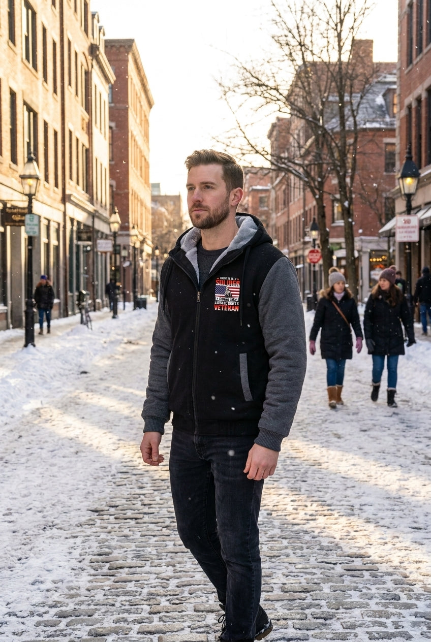 Model wearing Born to Be a Soldier Army Veteran Fleece Jacket – Patriotic Military Outerwear, three-quarter view