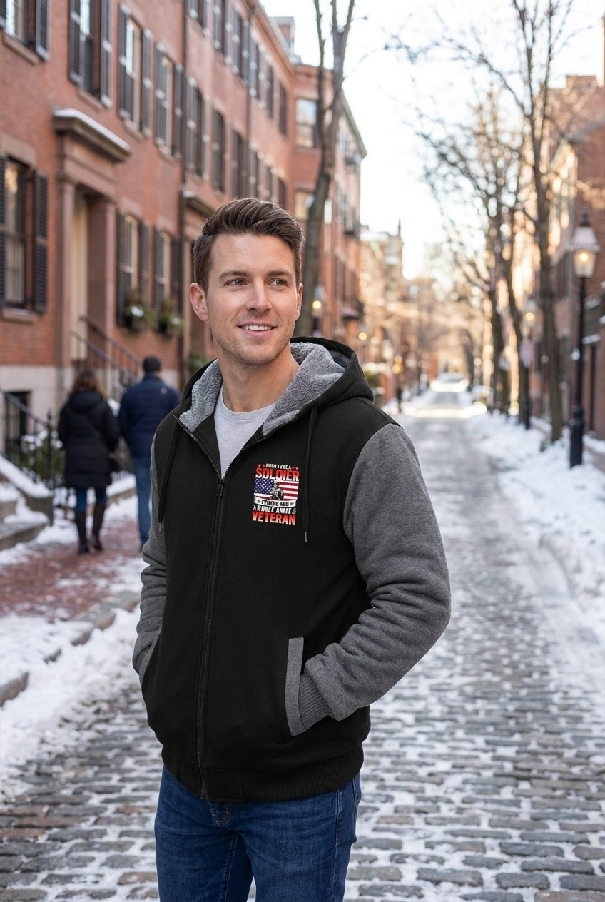 Model wearing Born to Be a Soldier Army Veteran Fleece Jacket – Patriotic Military Outerwear, full-body view