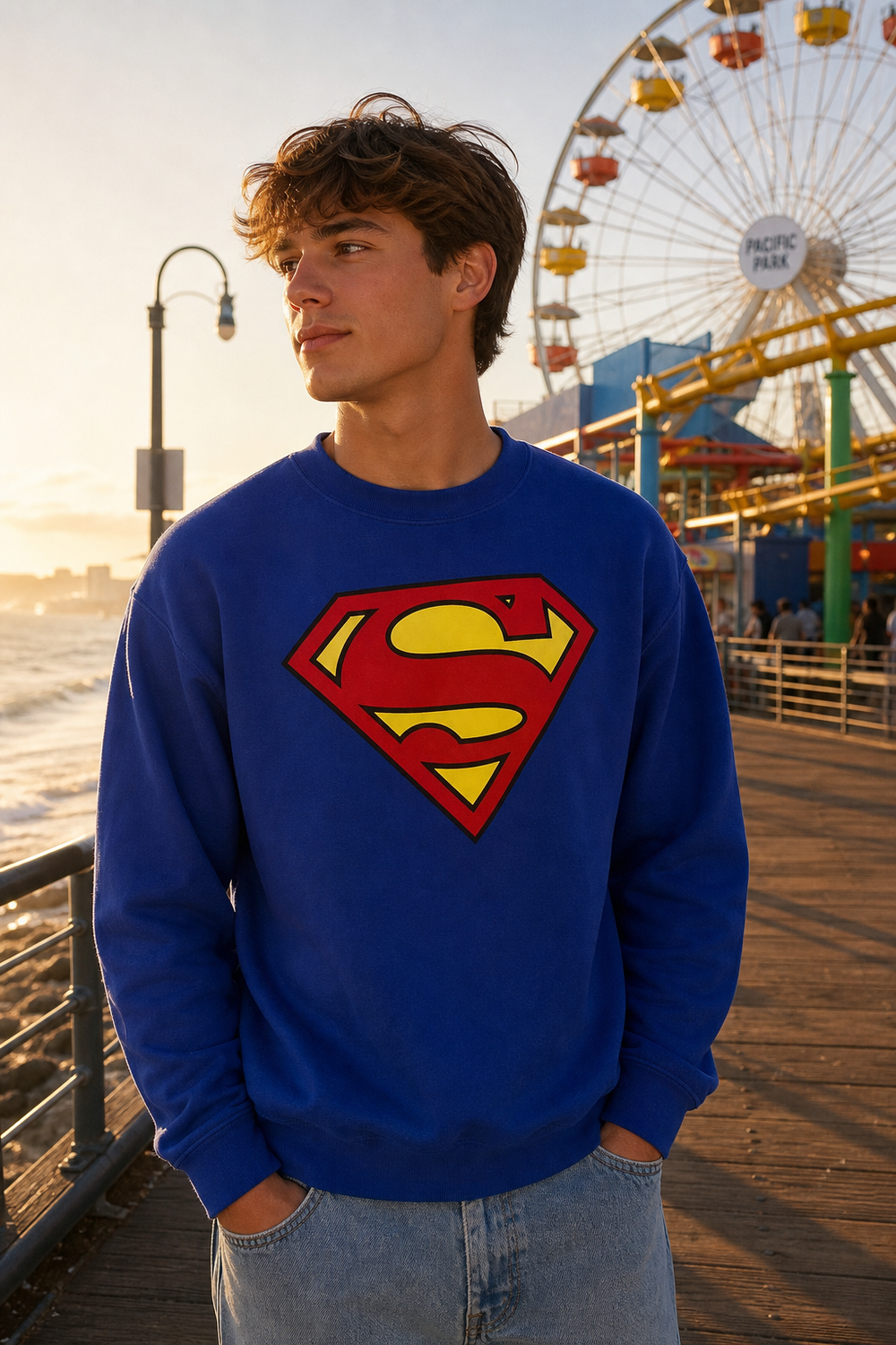 Model wearing Superman Classic Logo Royal Blue Crewneck Sweatshirt, three-quarter view