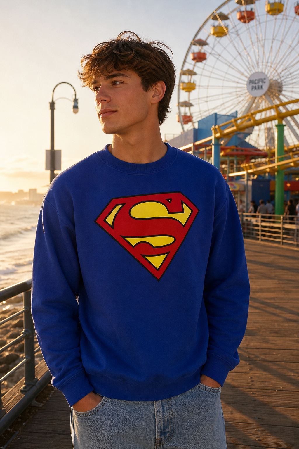 Model wearing Superman Classic Logo Royal Blue Crewneck Sweatshirt, three-quarter view