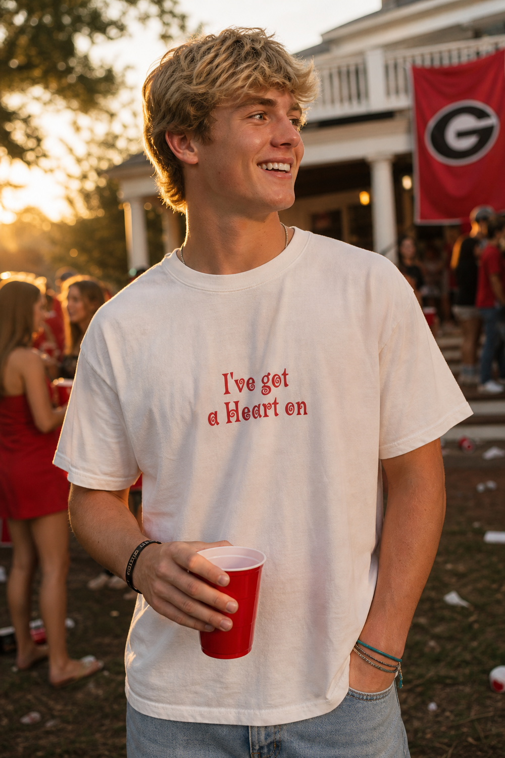 Model wearing "I've Got a Heart On" Fatty Tshirt, three-quarter view
