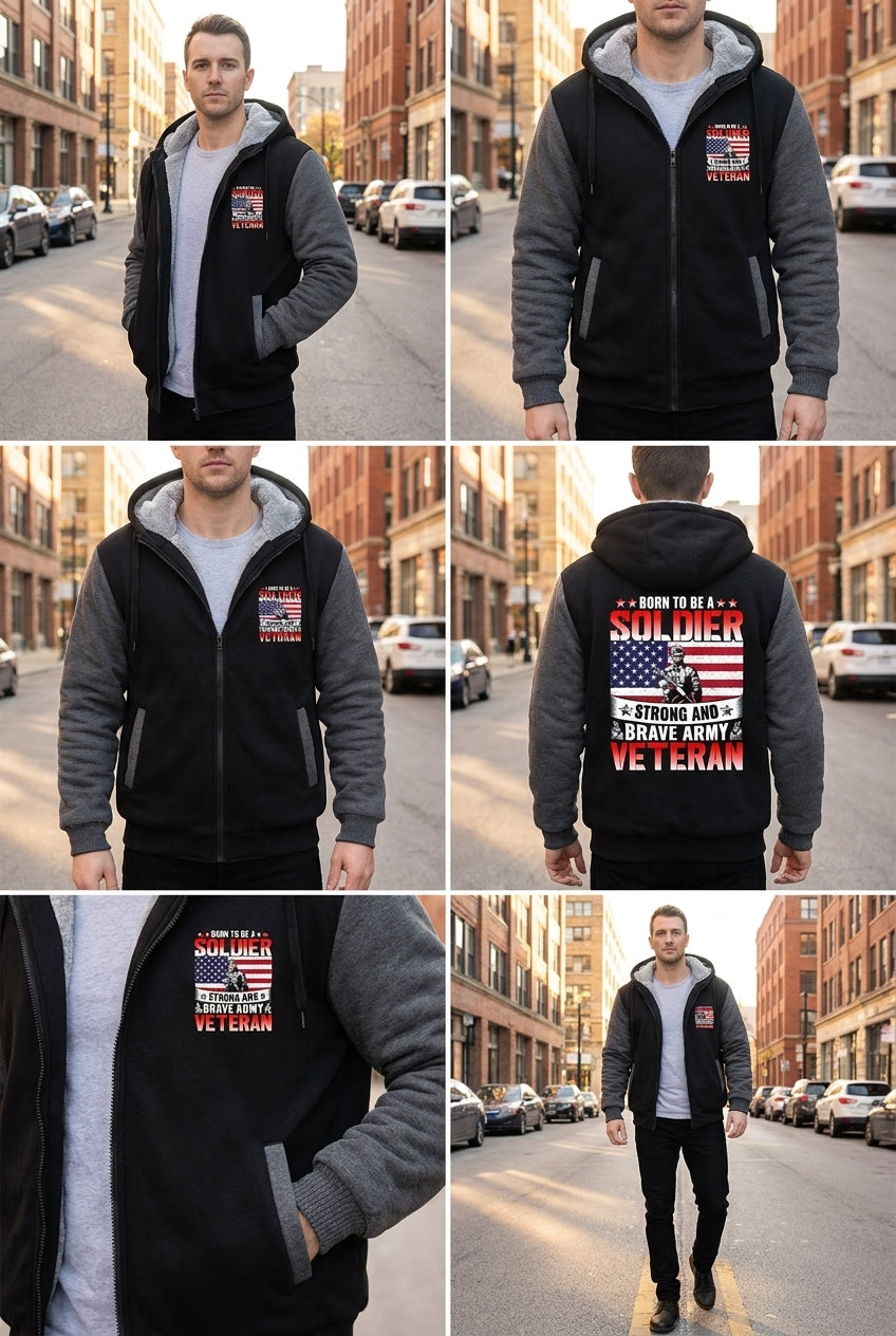 Model wearing Born to Be a Soldier Army Veteran Fleece Jacket – Patriotic Military Outerwear, three-quarter view