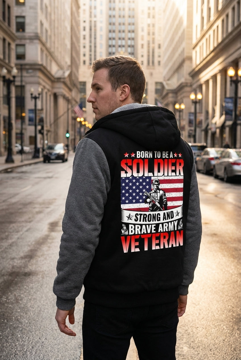 Model wearing Born to Be a Soldier Army Veteran Fleece Jacket – Patriotic Military Outerwear, torso view
