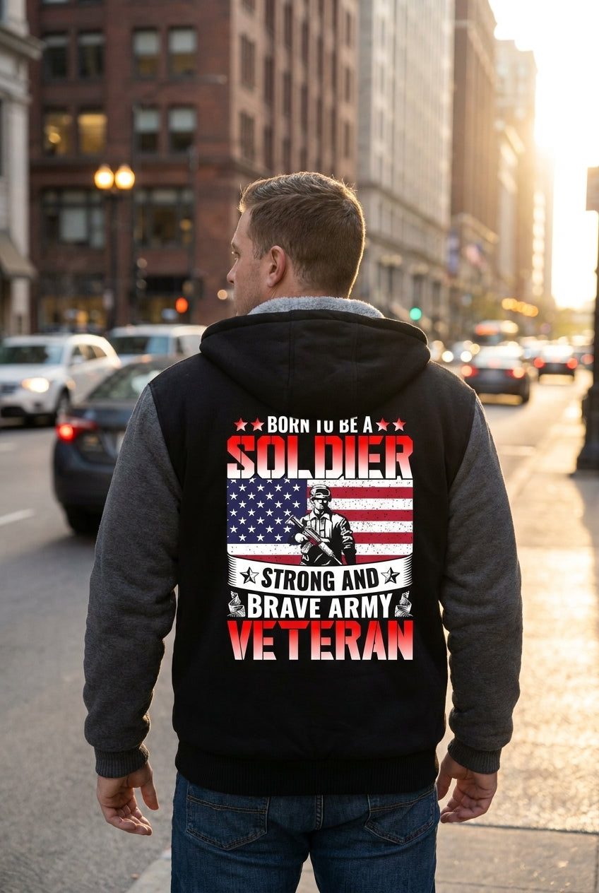 Model wearing Born to Be a Soldier Army Veteran Fleece Jacket – Patriotic Military Outerwear, back view