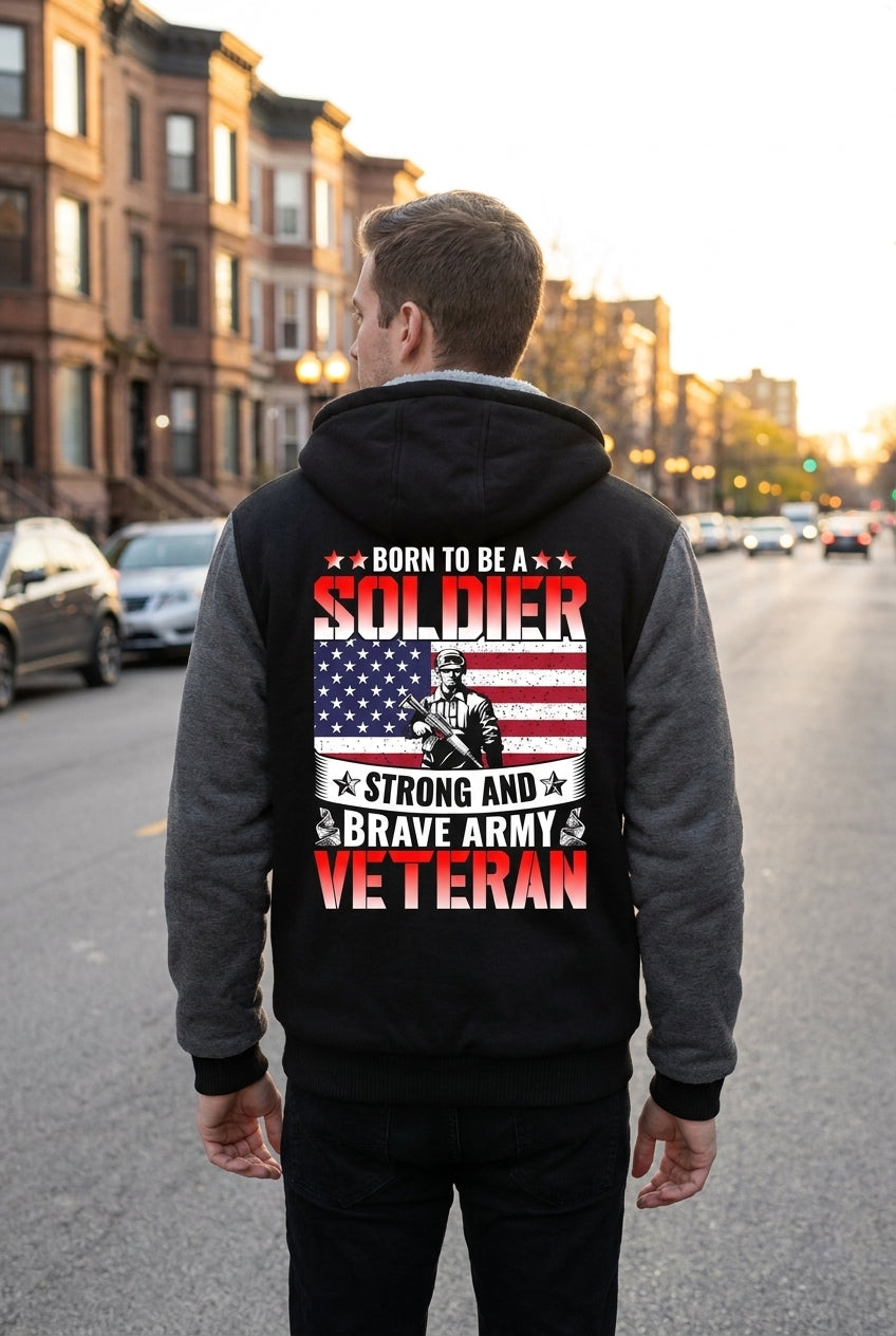 Model wearing Born to Be a Soldier Army Veteran Fleece Jacket – Patriotic Military Outerwear, close-up detail view