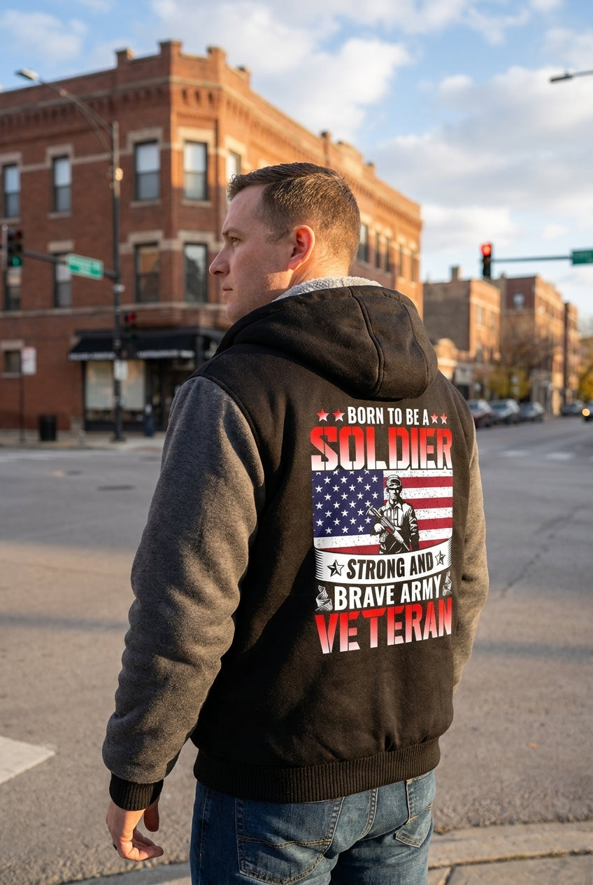 Model wearing Born to Be a Soldier Army Veteran Fleece Jacket – Patriotic Military Outerwear, full-body view