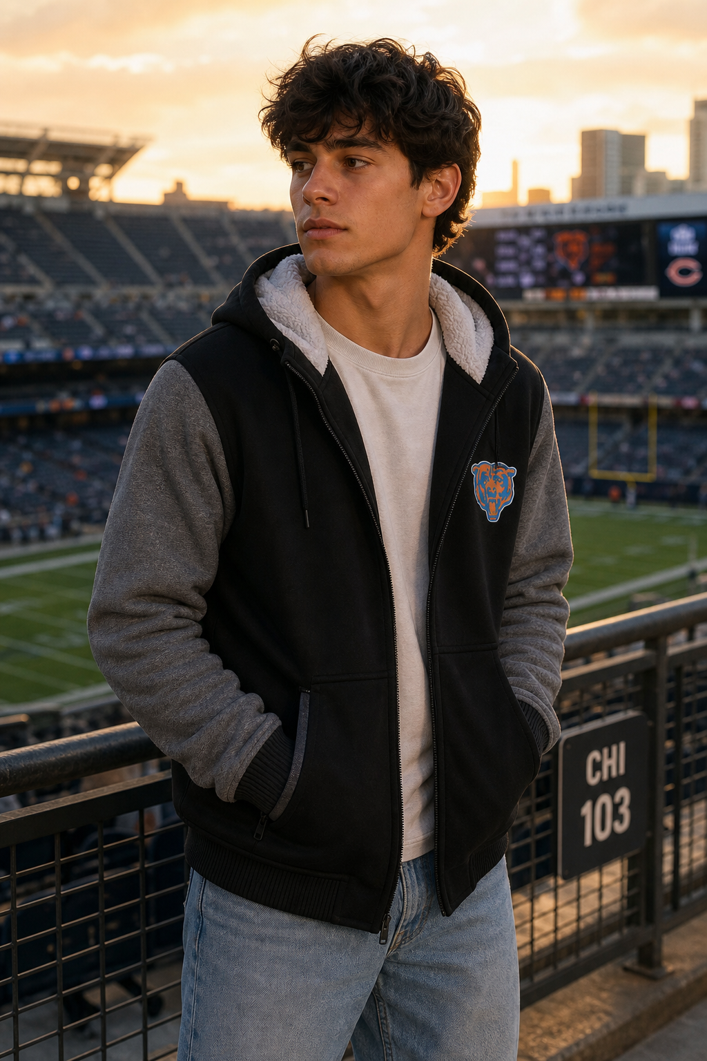 Model wearing NFL CHICAGO BEARS THICK FLEECE JACKET, three-quarter view