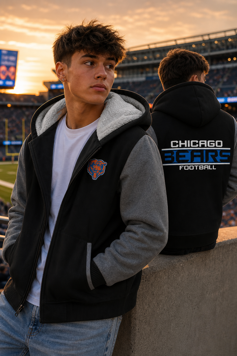 Model wearing NFL CHICAGO BEARS THICK FLEECE JACKET, three-quarter view