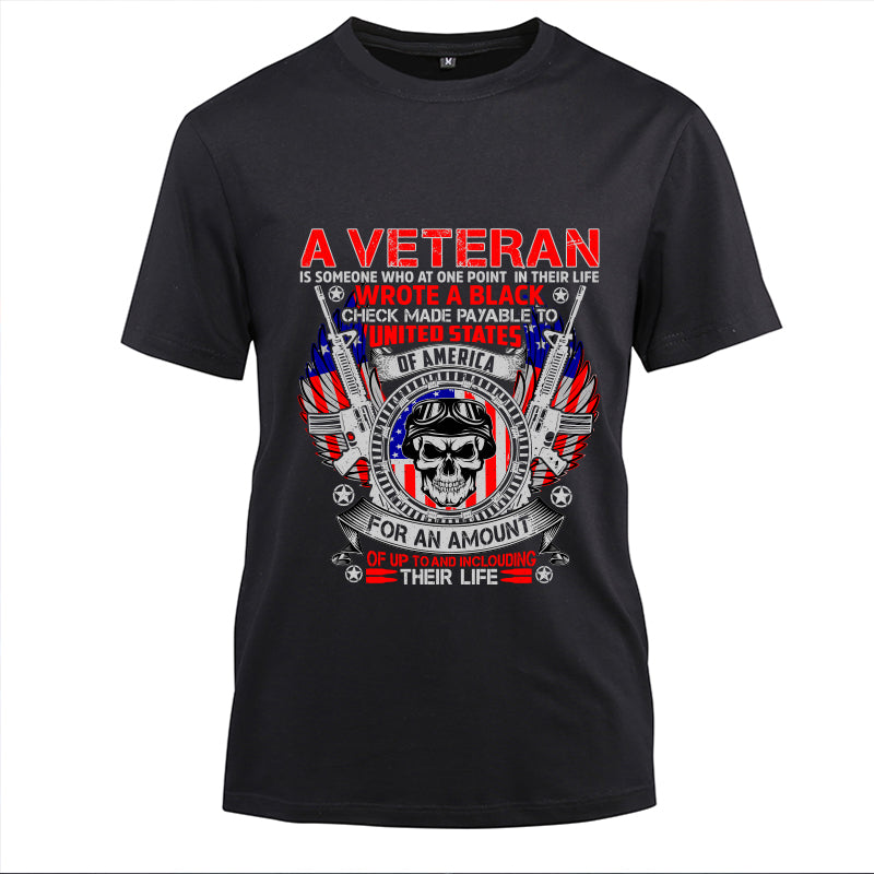 A Veteran Wrote a Blank Check t-shirt in Black, front view