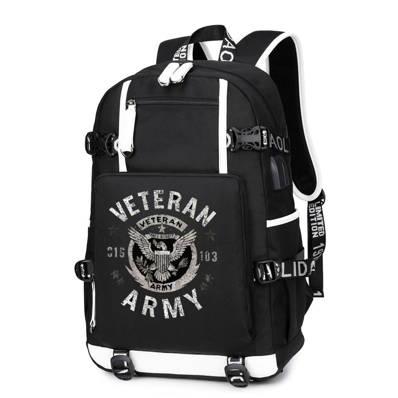 U.S. Army veteran eagle crest black backpack angled view