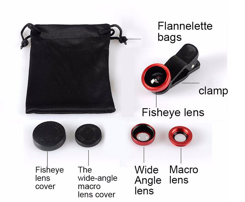 3 in 1 Universal Fish Eye & Macro Clip Camera Lens Kit for iPad iPhone 7 6 5 Samsung Blackberry HTC and Most smartphones