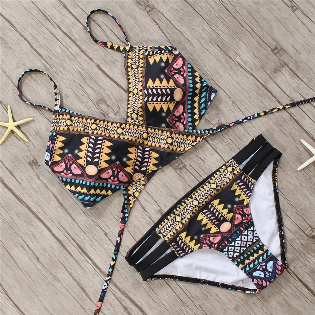 Sexy Padded Bandage Strappy Aztec String Bikini and Beachwear Swimsuit