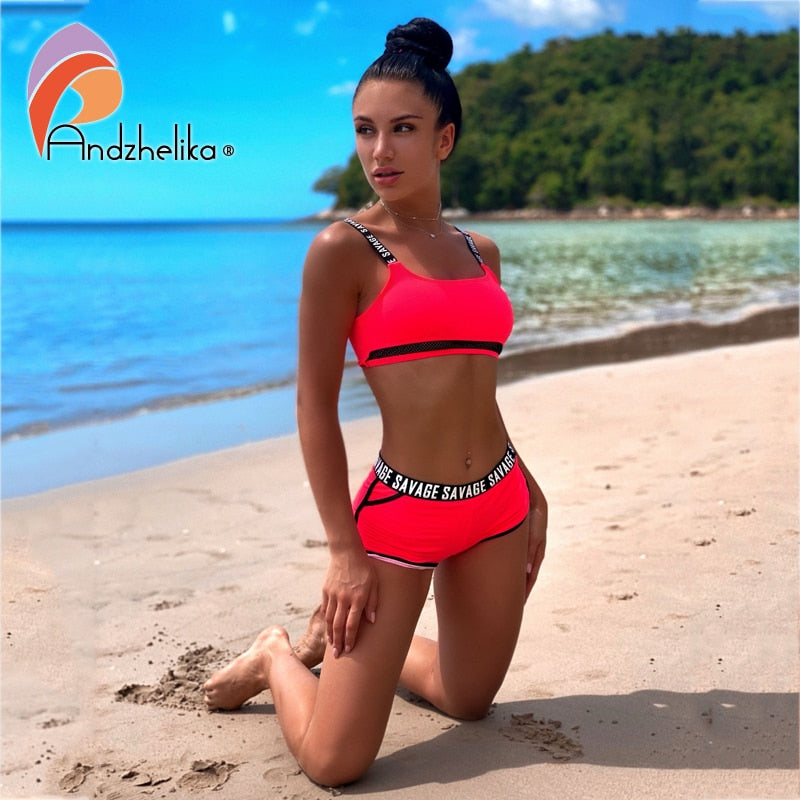 Mid-waist wire free Sport Swimsuit Bikinis Set