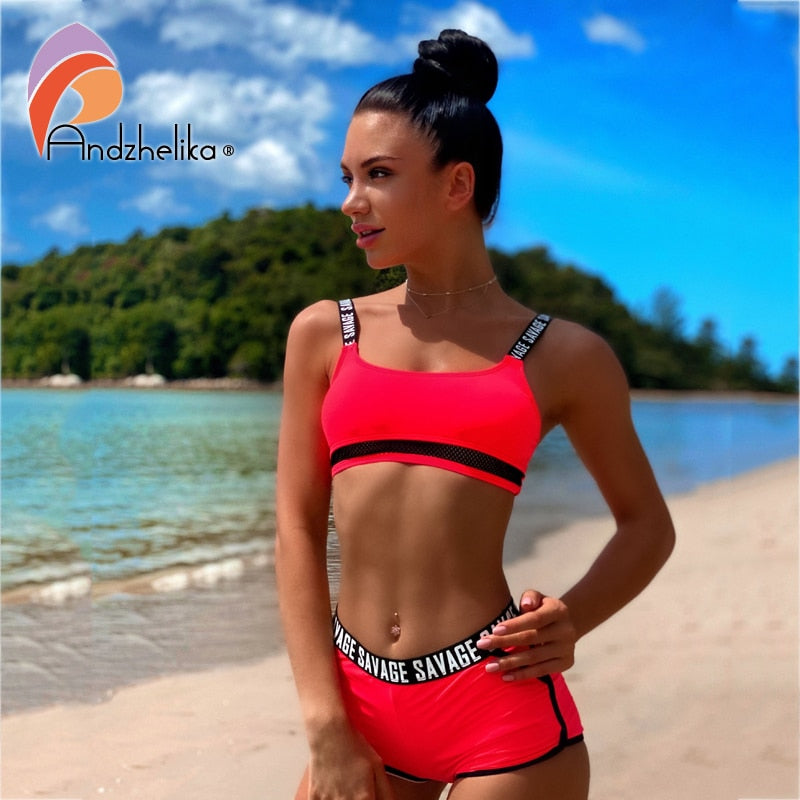 Mid-waist wire free Sport Swimsuit Bikinis Set
