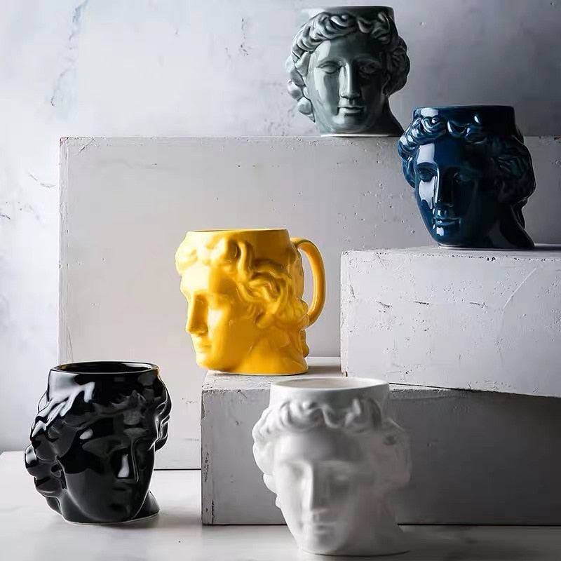 Limited Edition Apollo David Head Sculptured 3D Ceramic Milk/Coffee/Tea Mugs